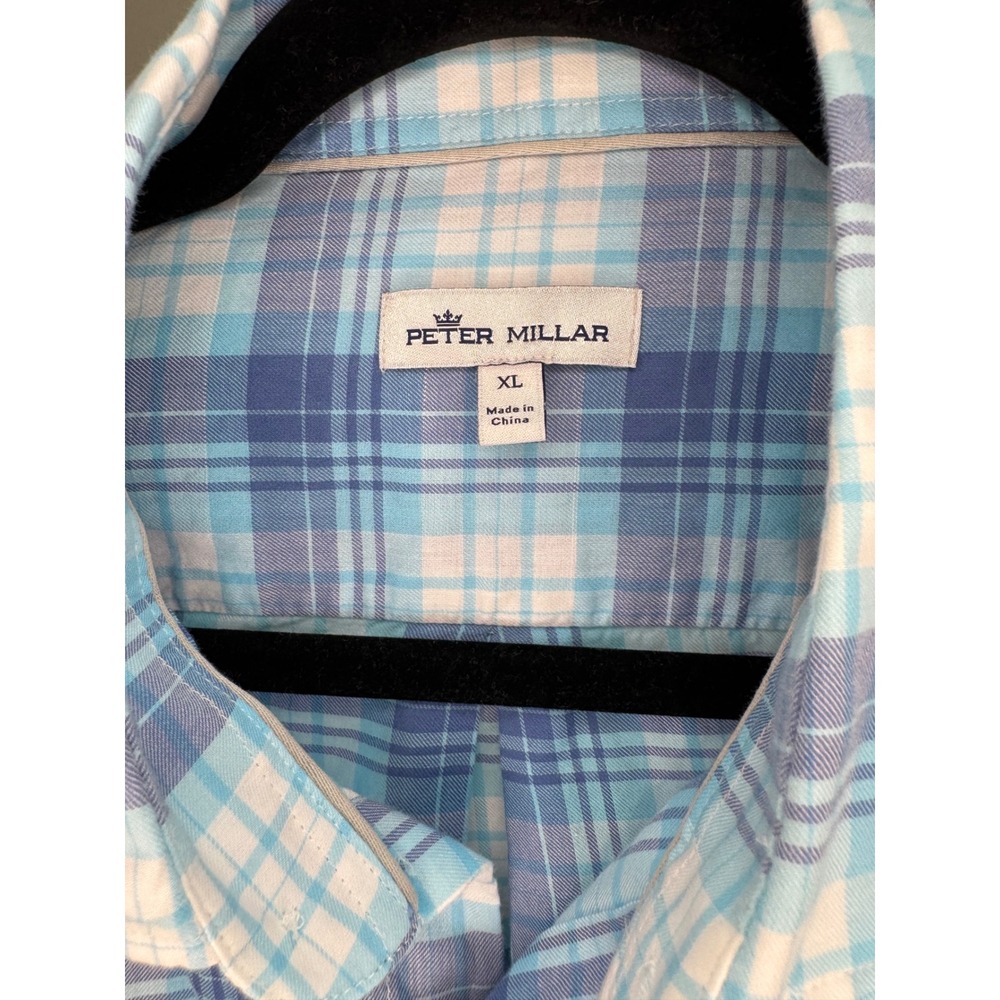 Peter Millar Mens XL Blue White Plaid Long Sleeve Button Down Shirt Pocket